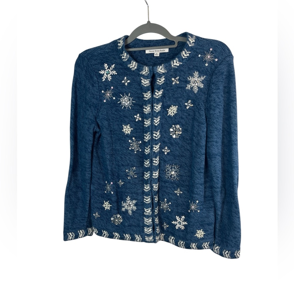 Mercer Street Studio blue holiday rhinestone snowflake cardigan‎ sweater size M